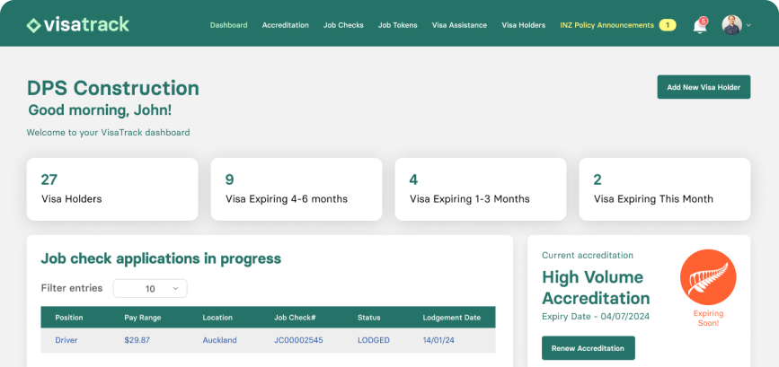 VisaTrack dashboard